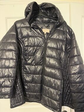 Woman Within Shiny Black Hooded Puffer Jacket